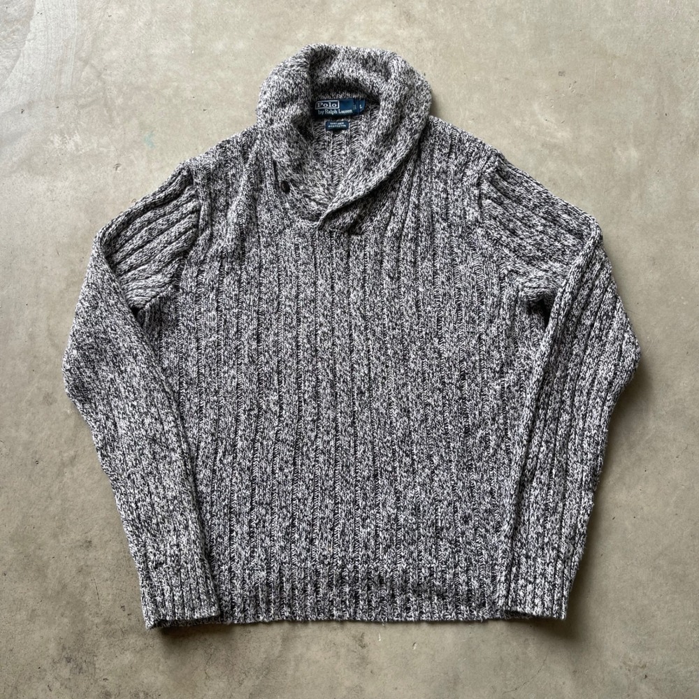 Polo Ralph Lauren Vintage Shawl Collar Sweater Grey Linen Cotton Rib Knit Mens L